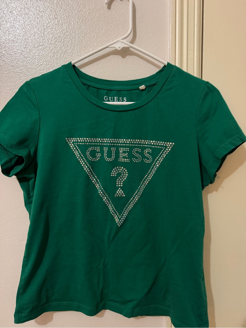 GUESS Green Short Sleeve Tee with Rhinestone Triangle Logo